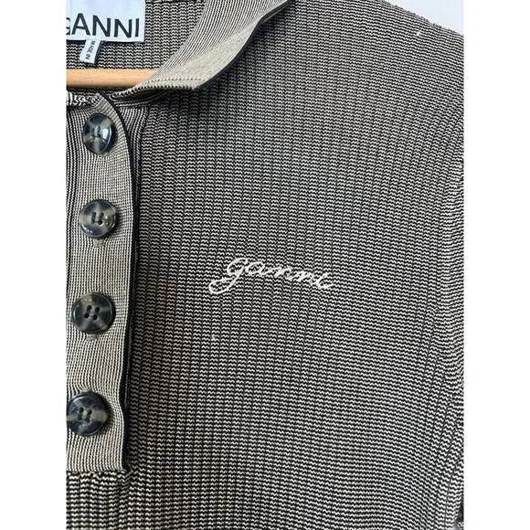 NEW Ganni Melange Collar Embroidered Short-Sleeve Knit Mini Dress Safari Size: M - Picture 5 of 8